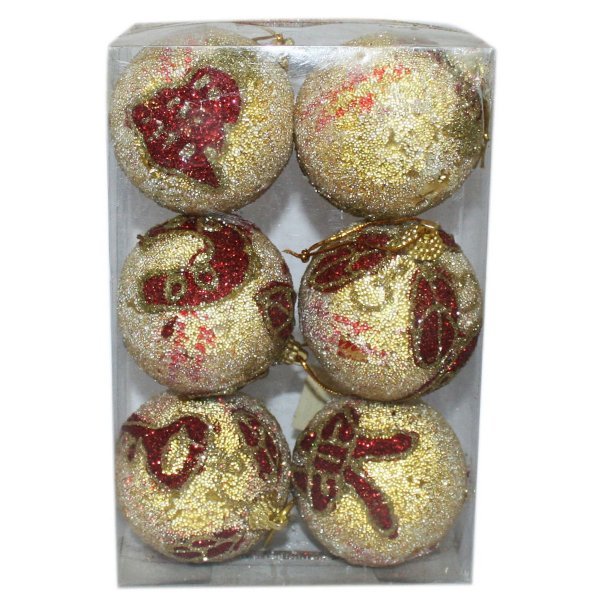 Χριστουγεννιάτικες Μπάλες Χρυσές με Χάντρες και Κόκκινα Σχέδια - Σετ 6 τεμ. (6cm)